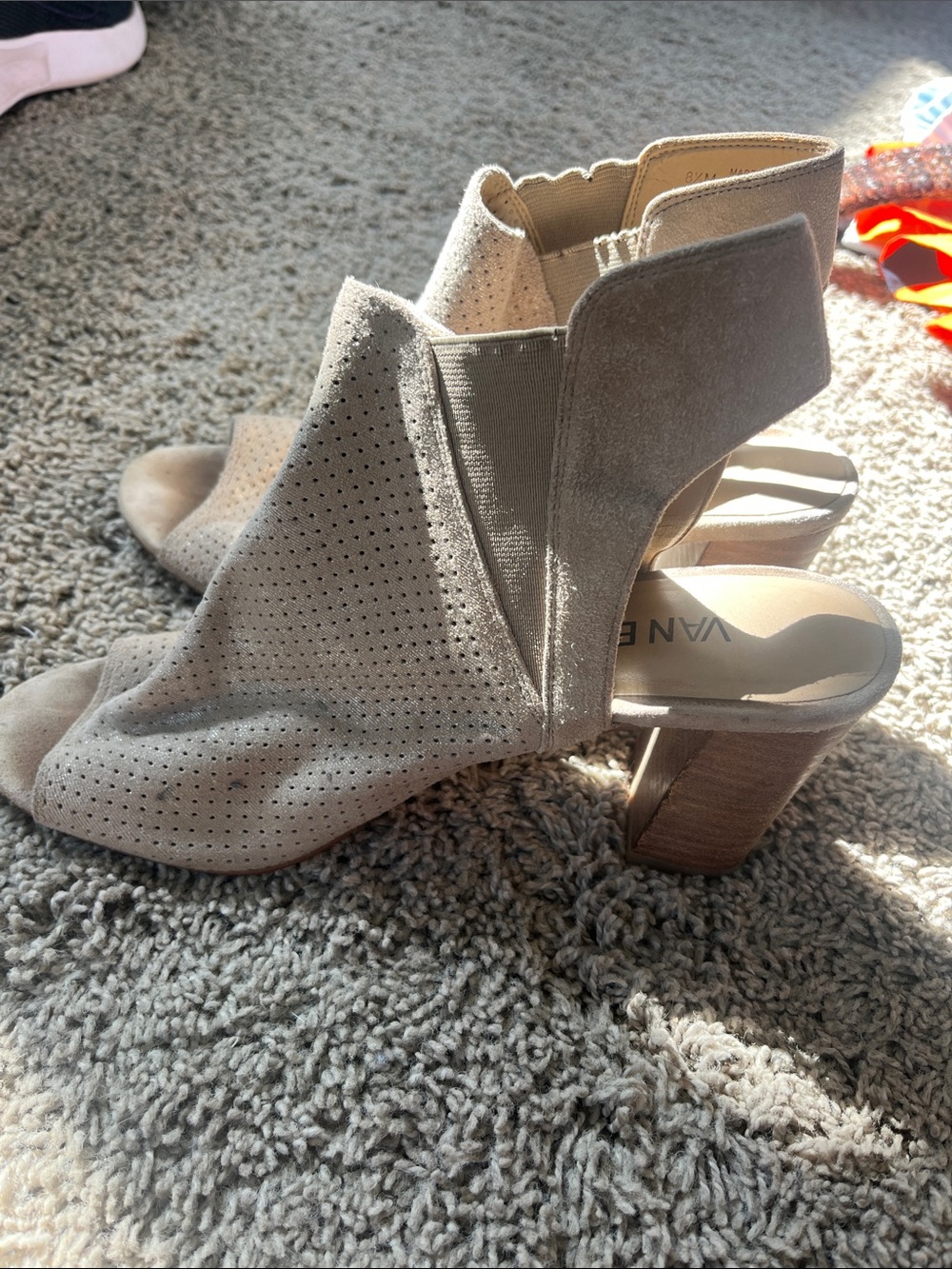 Vaneli Taupe Suede Open-Toe Block Heel Booties